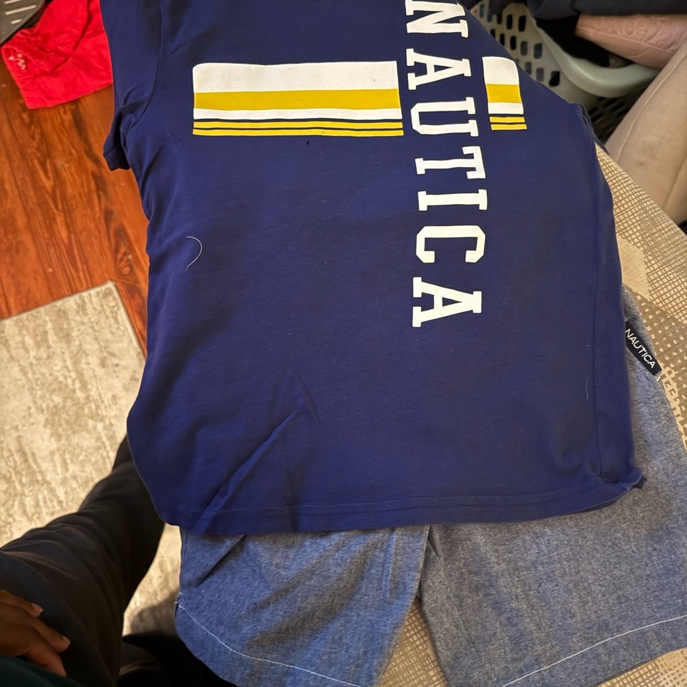 Nautica Navy Graphic Tee with Yellow & White Stripes